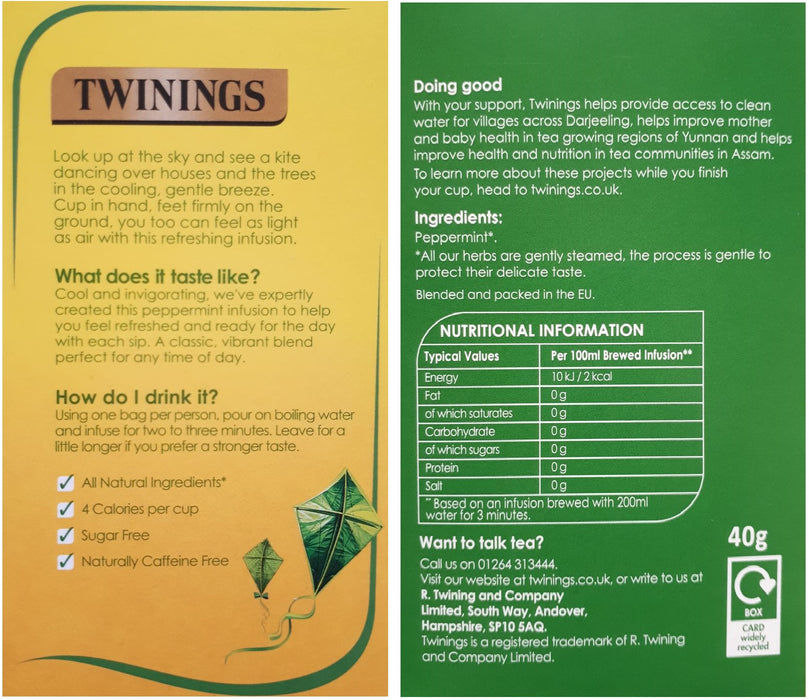 Twinings Pure Peppermint Tea Bags Individually Enveloped Tagged Herbal Sachets