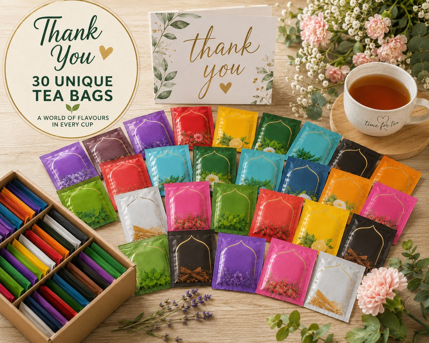 Unique Individually Wrapped Tea Bags Gift Box – 30 or 60 Different Tea Bags