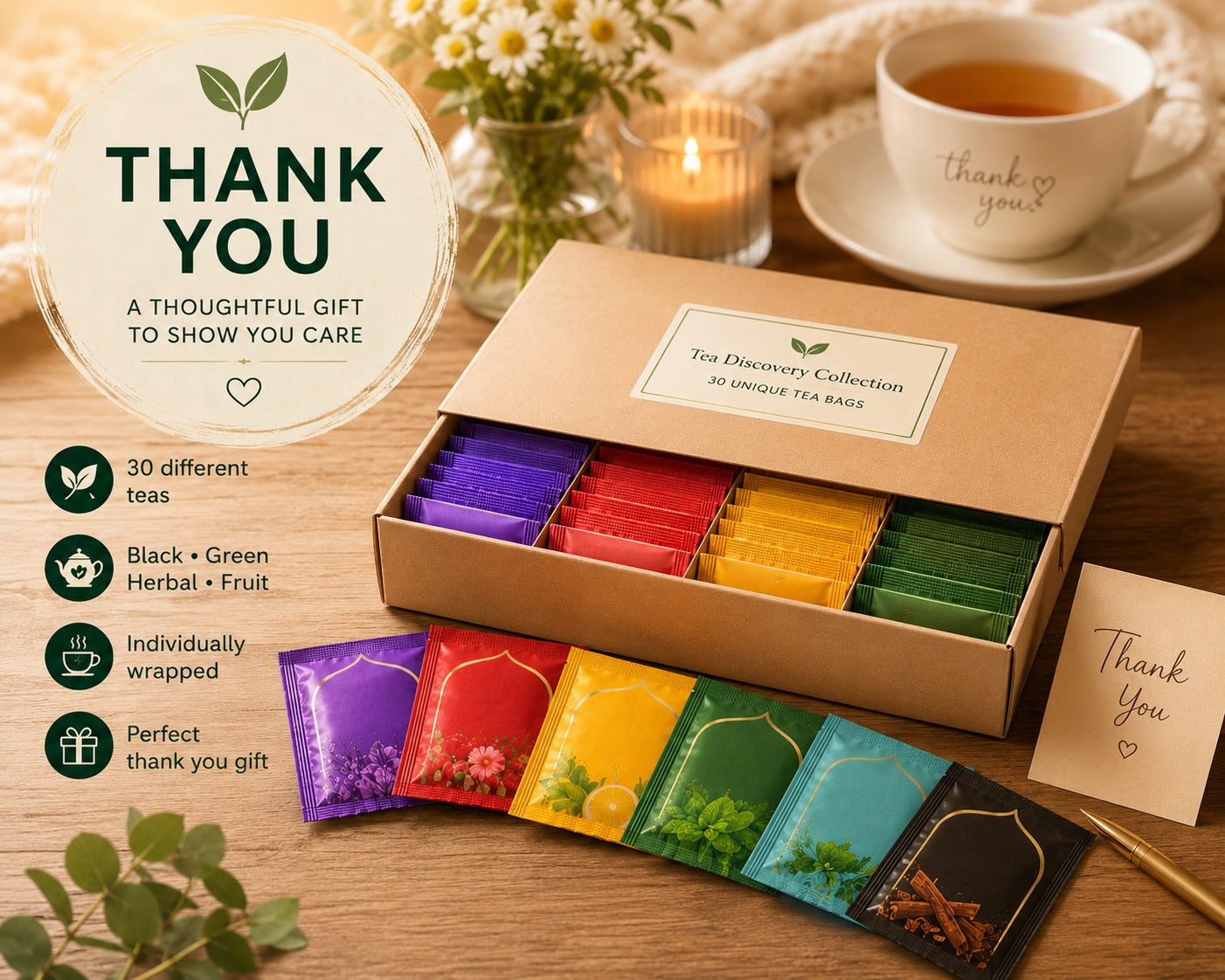 Unique Individually Wrapped Tea Bags Gift Box – 30 or 60 Different Tea Bags