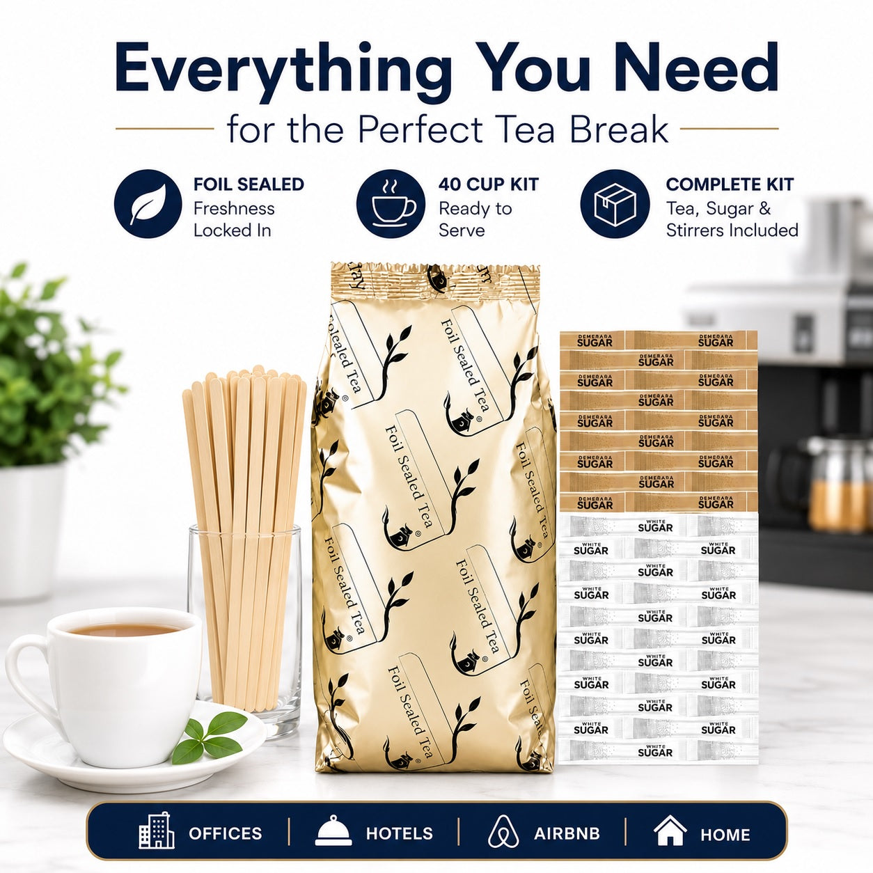 40 Cup Tea Kit with Stirrers | Foil Sealed Black Tea | 120 Items