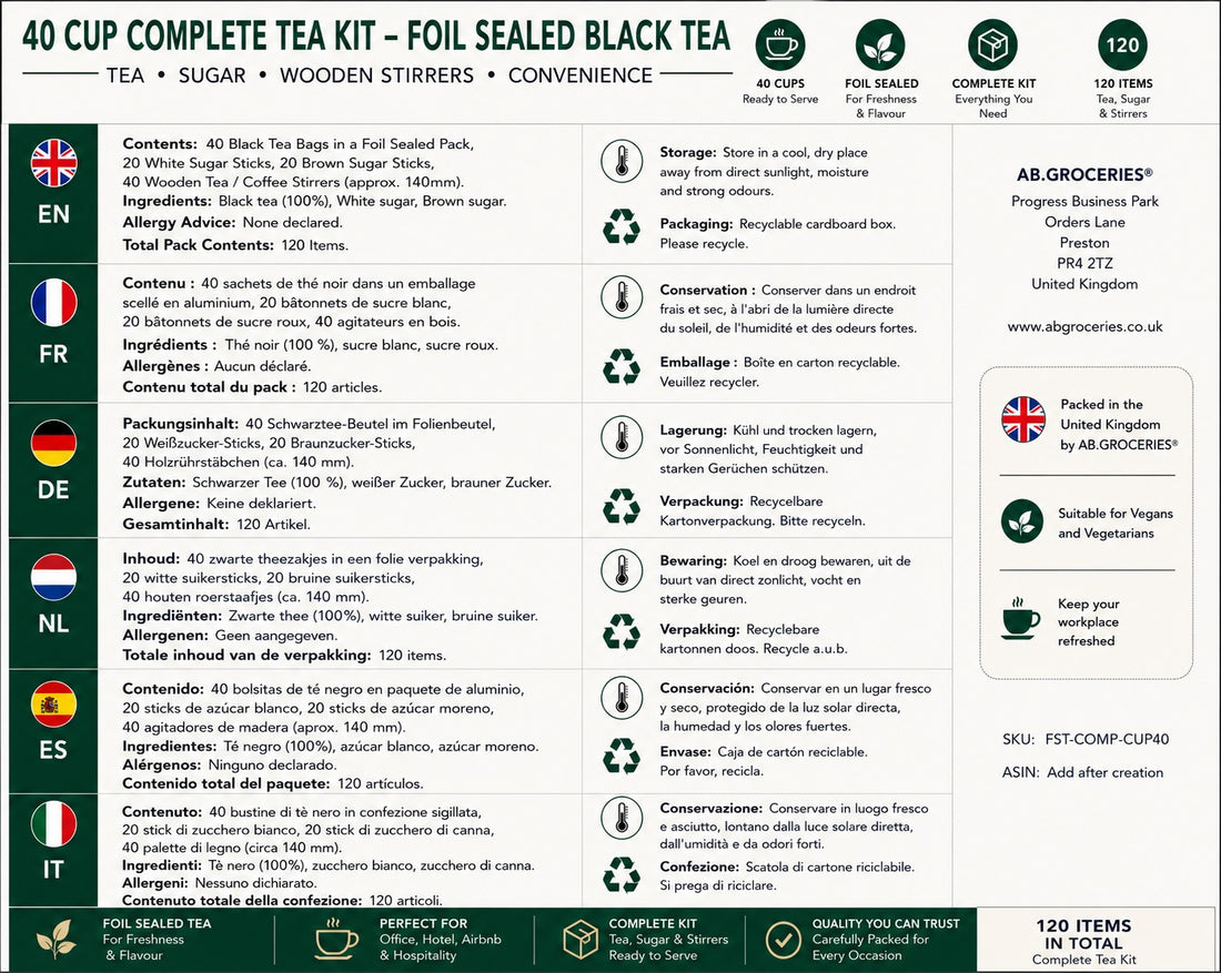 40 Cup Tea Kit with Stirrers | Foil Sealed Black Tea | 120 Items