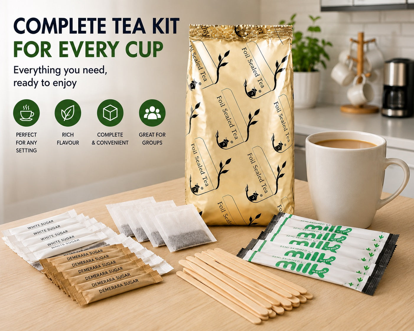 40 Cup Tea Kit with Milk & Stirrers | Foil Sealed Black Tea | 160 Items