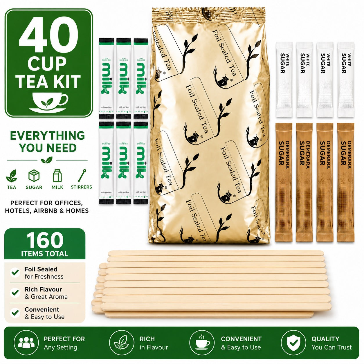 40 Cup Tea Kit with Milk & Stirrers | Foil Sealed Black Tea | 160 Items