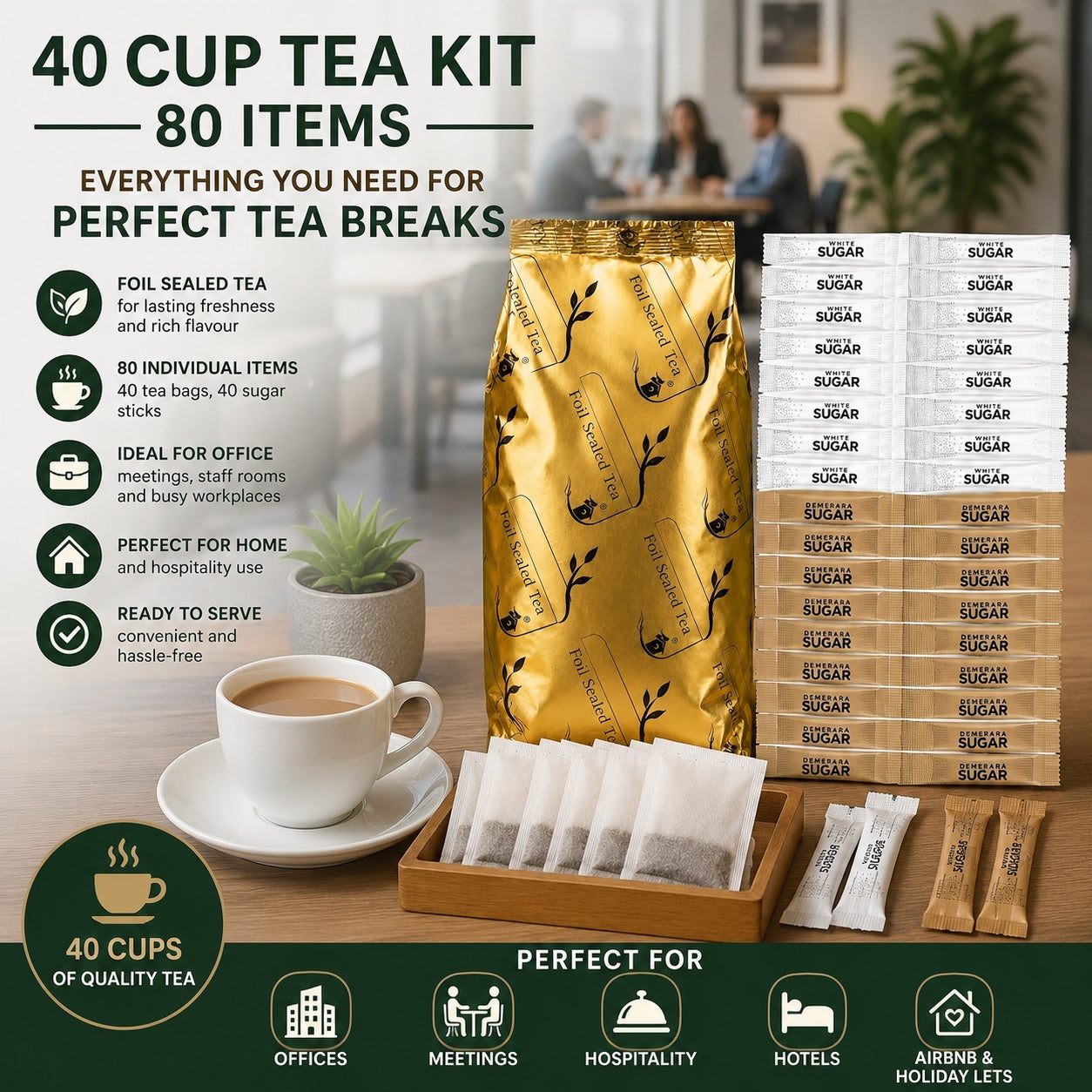 40 Cup Tea Kit | Foil Sealed Black Tea with Sugar | 80 Items