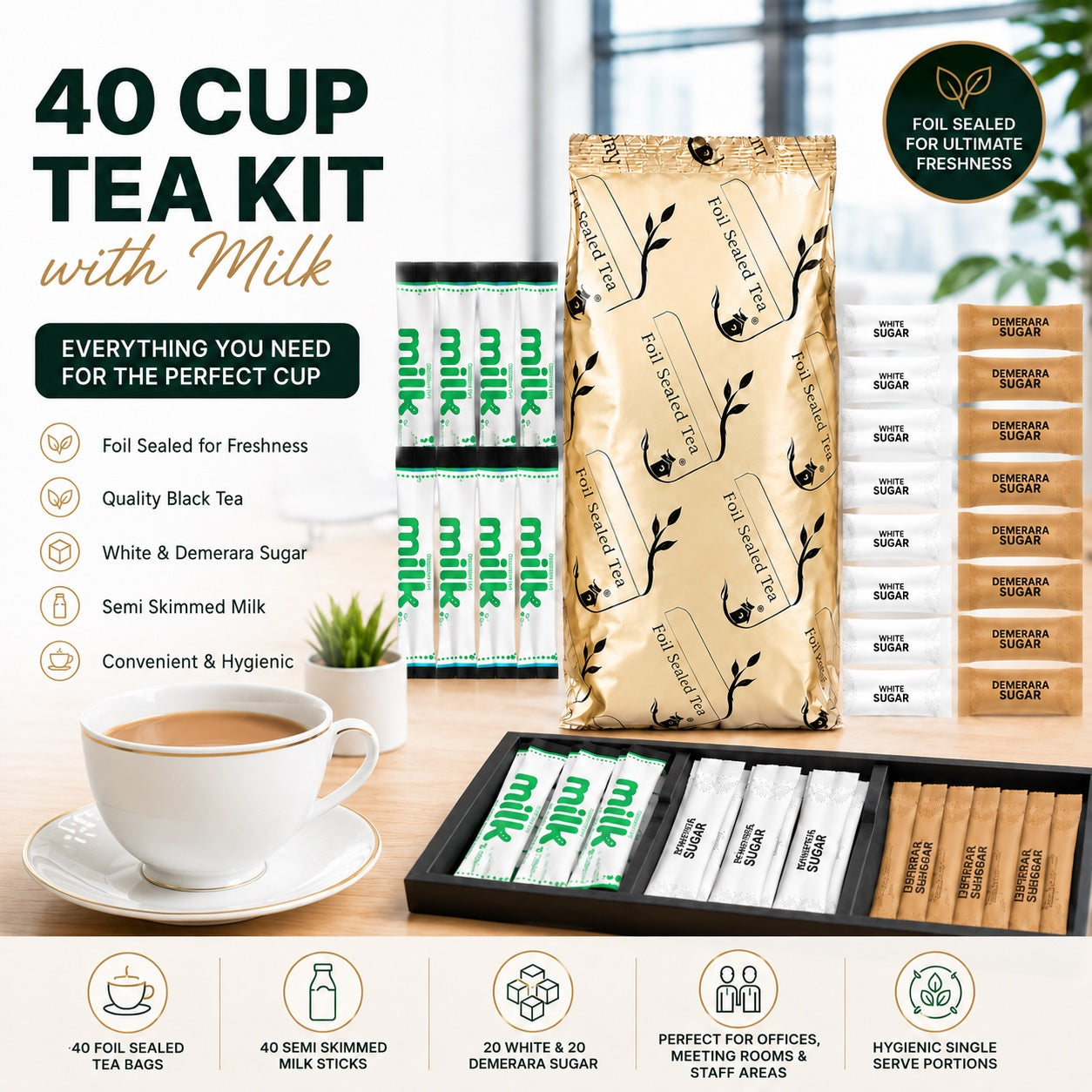40 Cup Tea Kit with Milk | Foil Sealed Black Tea | 120 Items