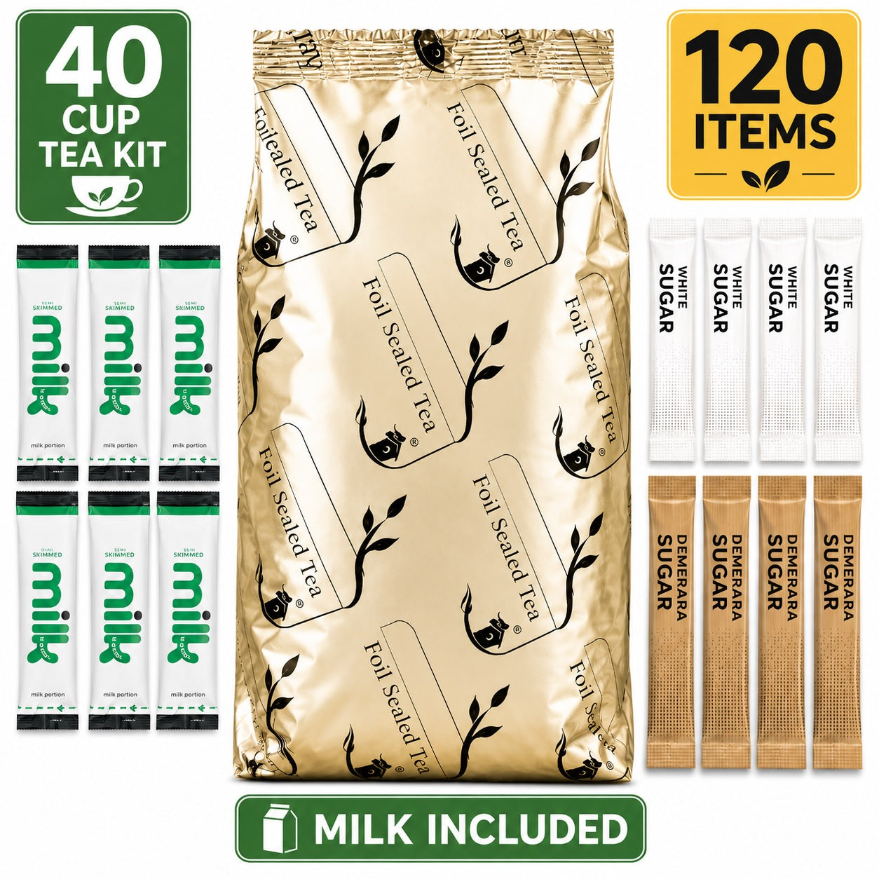 40 Cup Tea Kit with Milk | Foil Sealed Black Tea | 120 Items