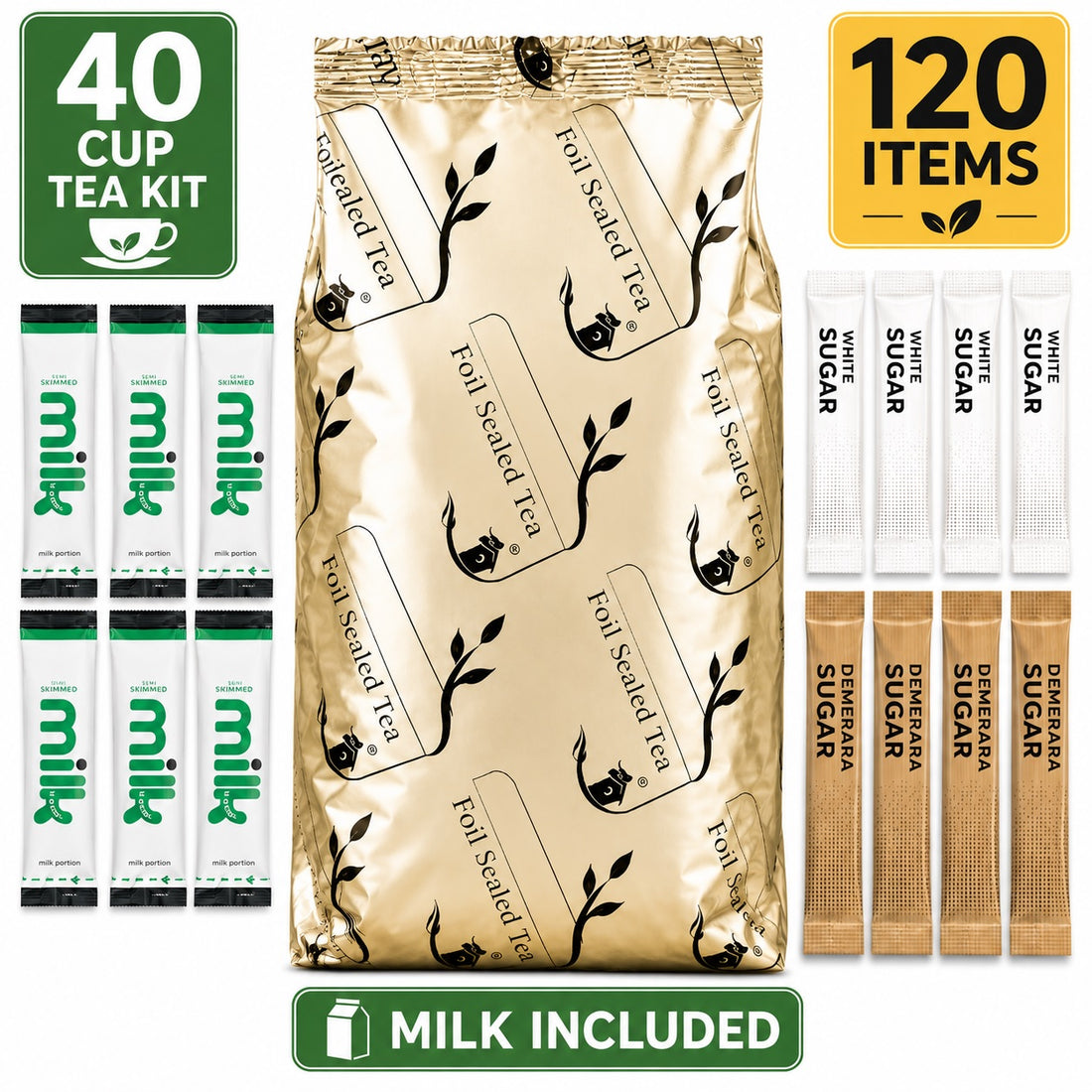 40 Cup Tea Kit with Milk | Foil Sealed Black Tea | 120 Items