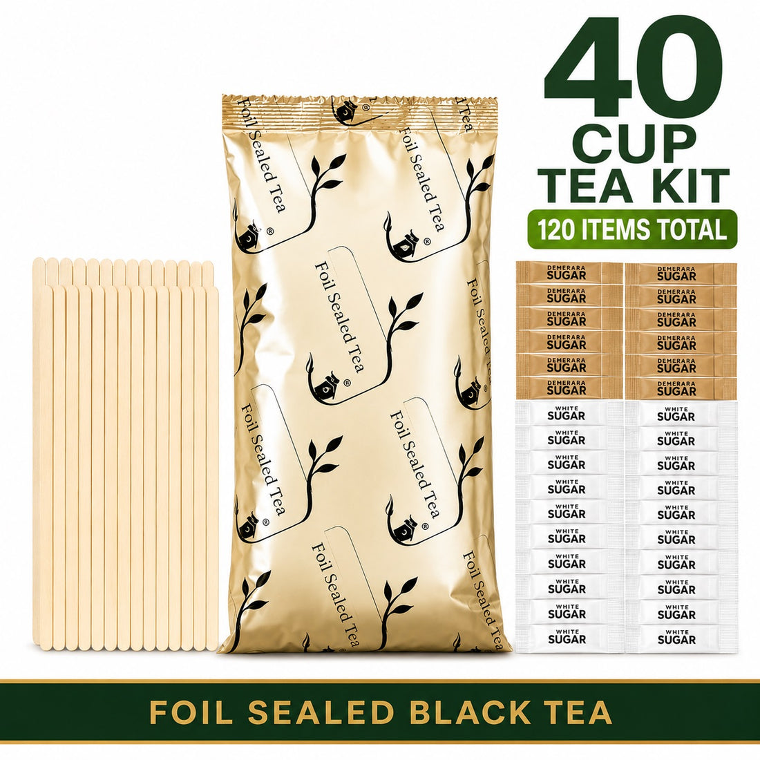 40 Cup Tea Kit with Stirrers | Foil Sealed Black Tea | 120 Items