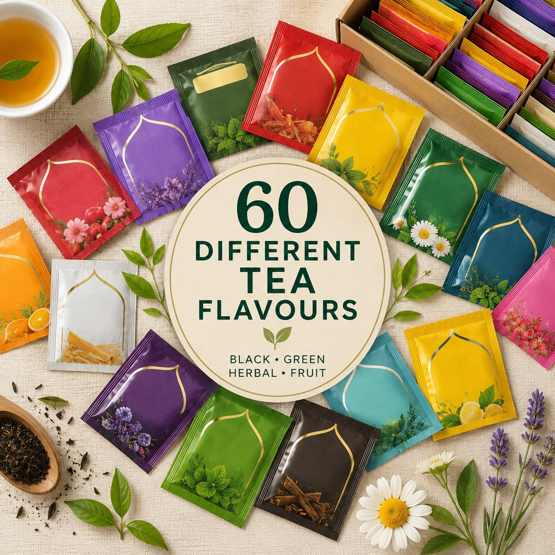 Unique Individually Wrapped Tea Bags Gift Box – 30 or 60 Different Tea Bags