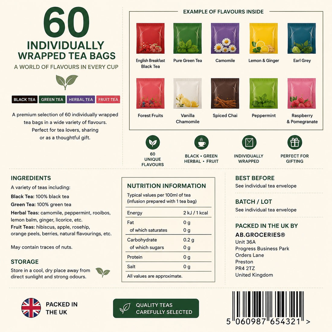 Unique Individually Wrapped Tea Bags Gift Box – 30 or 60 Different Tea Bags