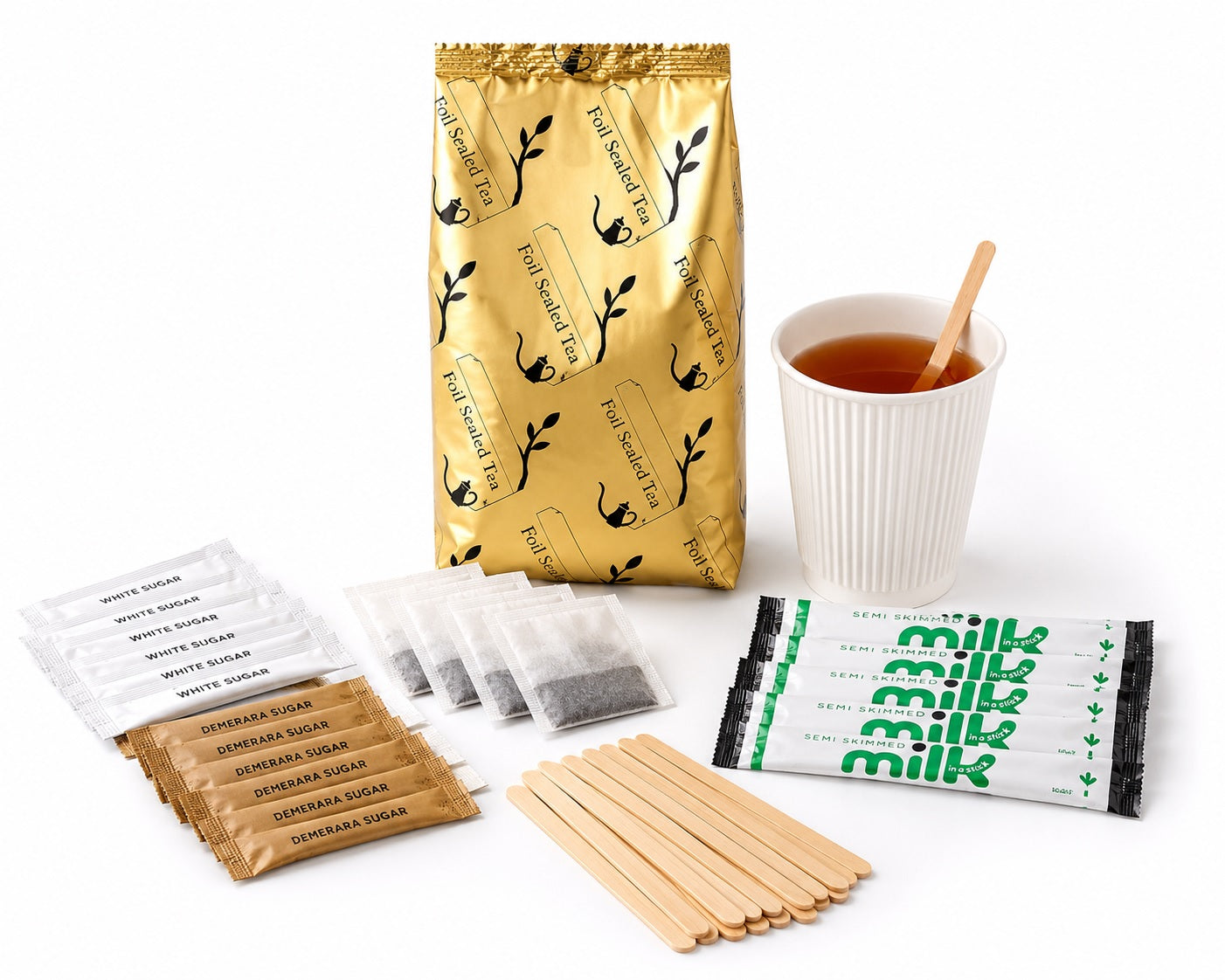 40 Cup Tea Kit with Milk & Stirrers | Foil Sealed Black Tea | 160 Items