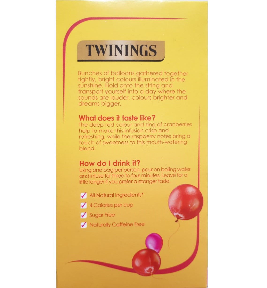Twinings Cranberry & Raspberry Fruit Tea Bags Individually Enveloped Tagged UK