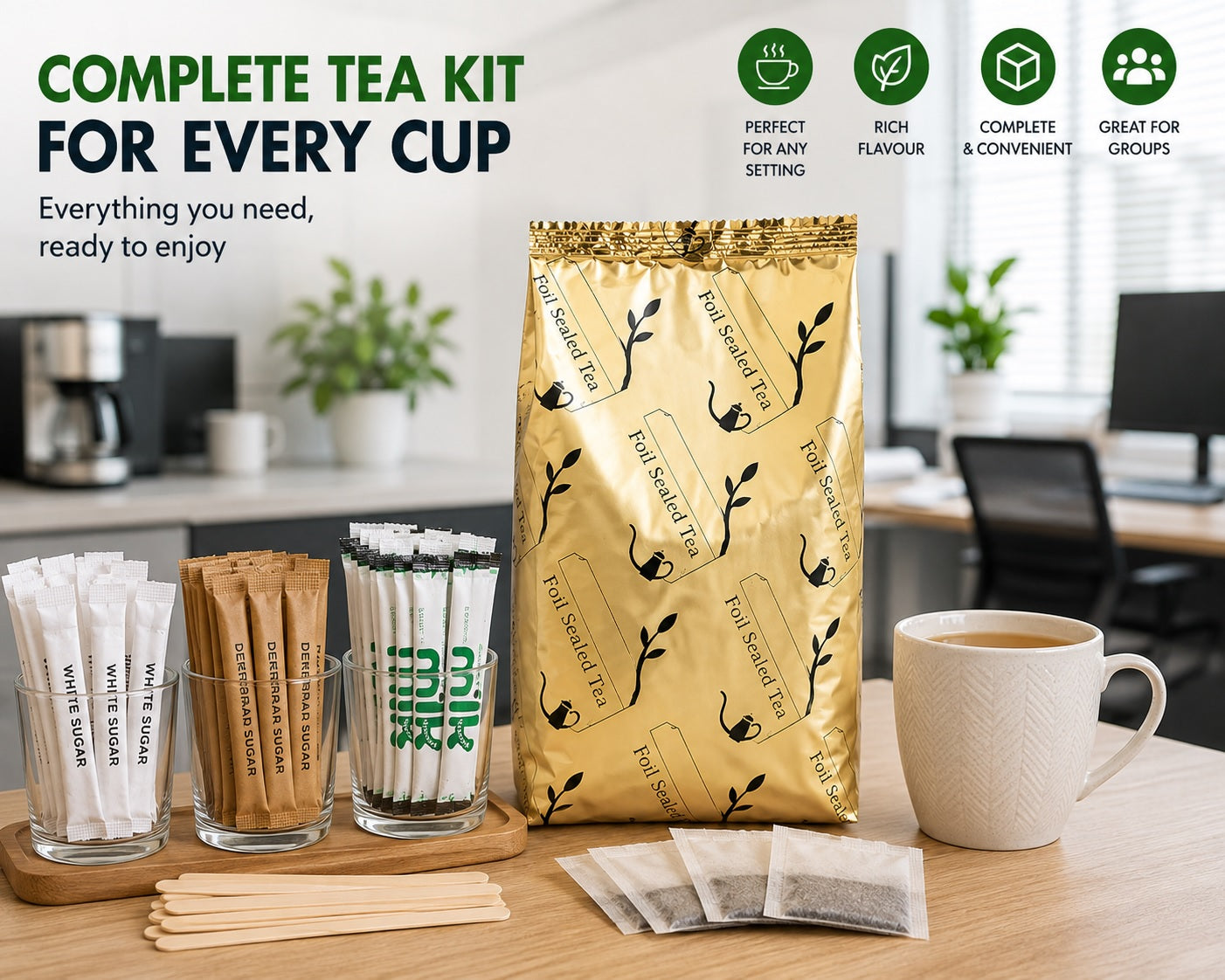 40 Cup Tea Kit with Milk & Stirrers | Foil Sealed Black Tea | 160 Items