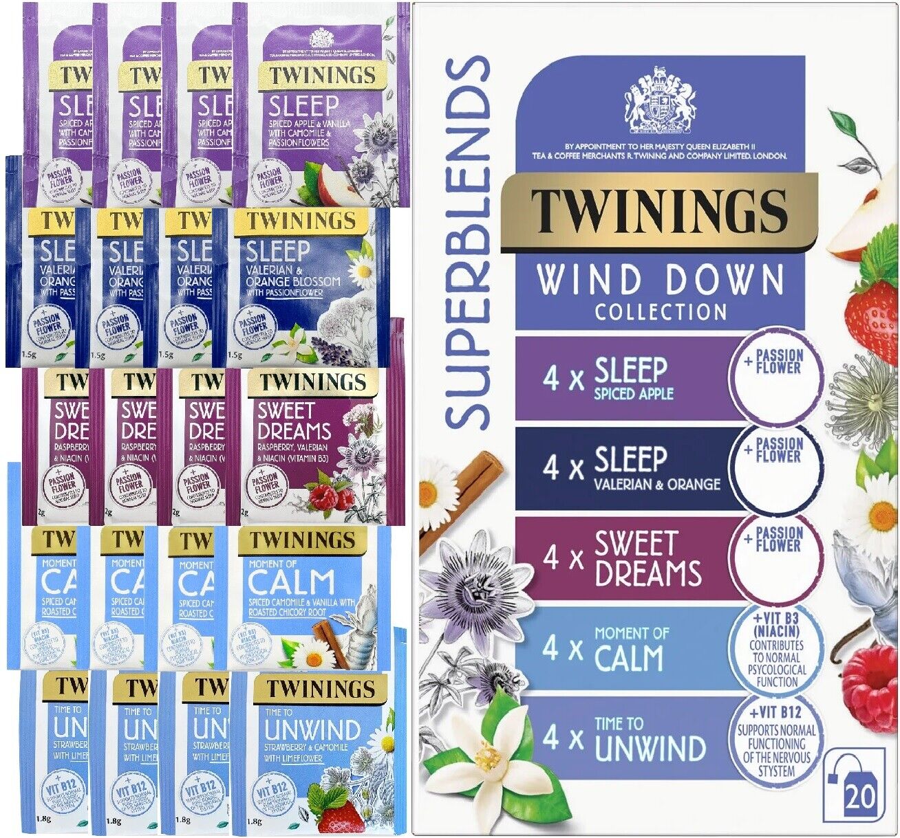 Twinings Superblends Wind Down Collection Individually Enveloped Herbal Tea Bags