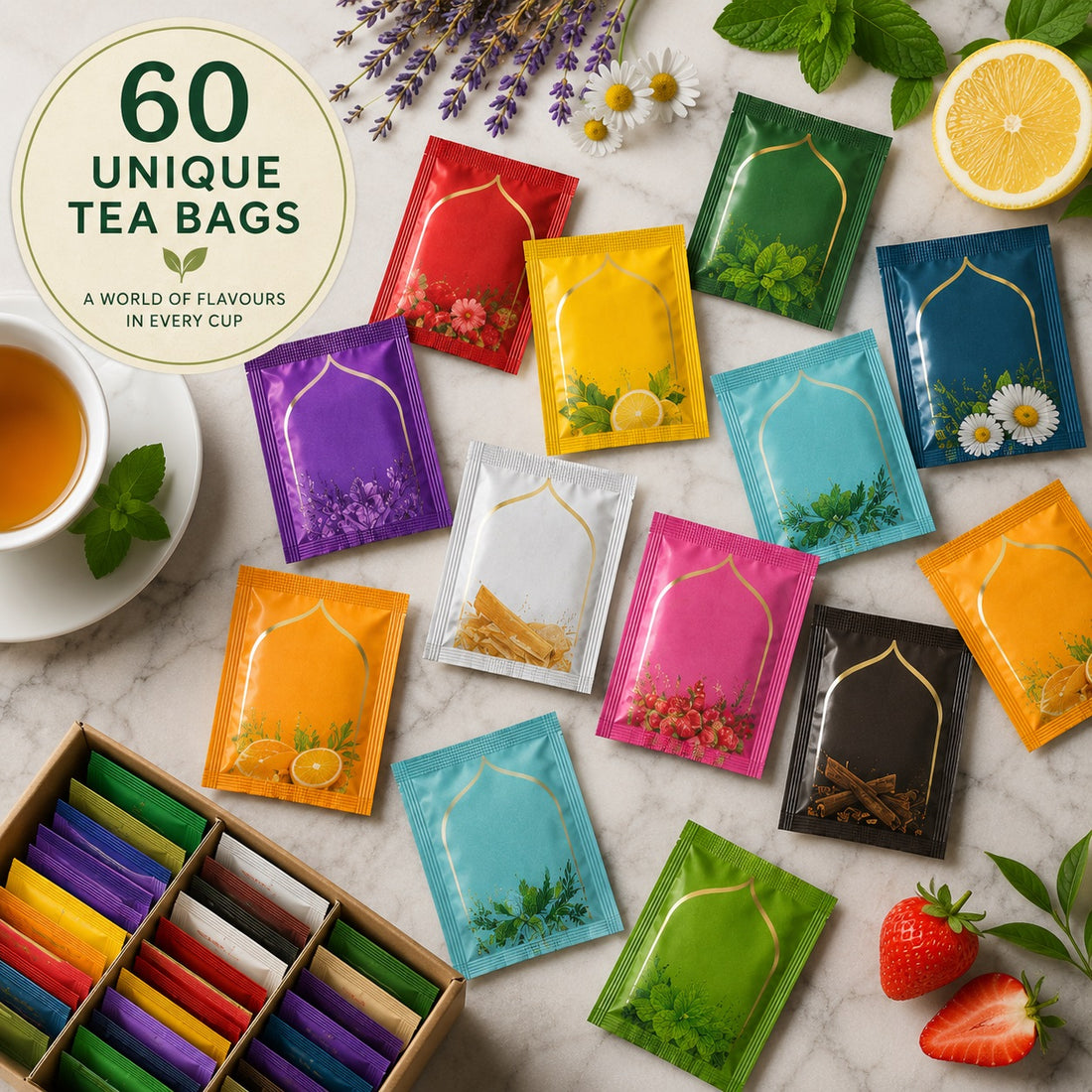 Unique Individually Wrapped Tea Bags Gift Box – 30 or 60 Different Tea Bags
