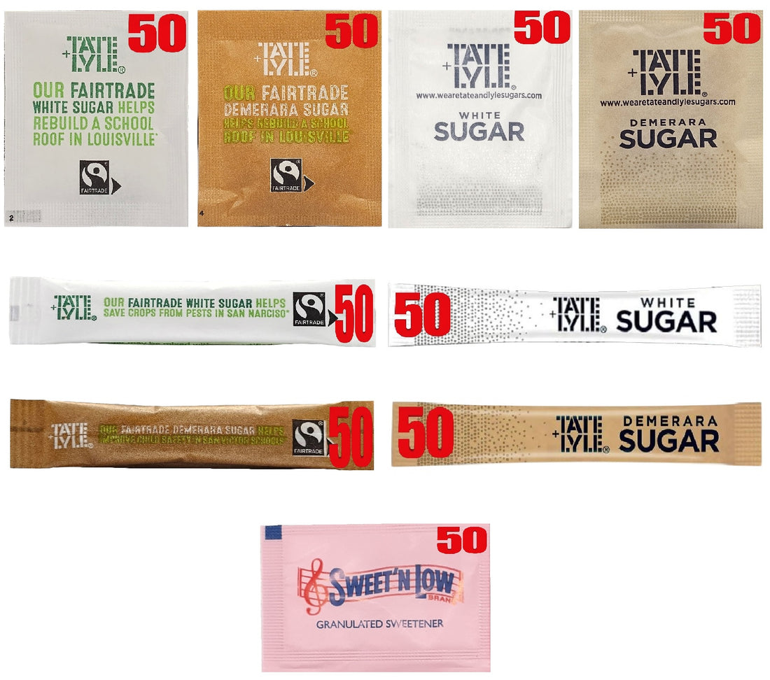 Hotel & Catering Sugar Set – 450 Sachets & Sticks | Tate & Lyle Fairtrade White, Brown Demerara + Sweetener | Individually Wrapped for Tea, Coffee, Office & Events