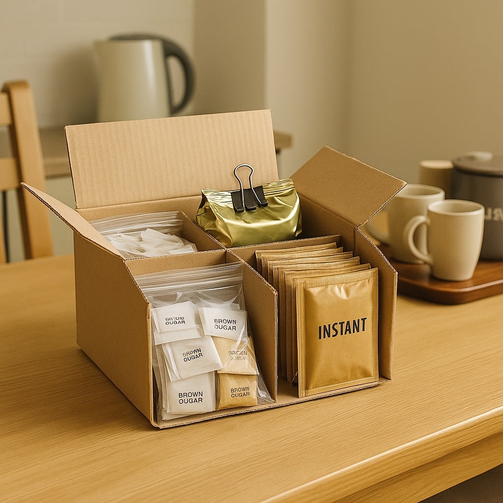 Tea • Coffee • Sugar Sachets Set — 160-Piece Hospitality Divider Box (Coffee, Black Tea, White & Brown Sugar)