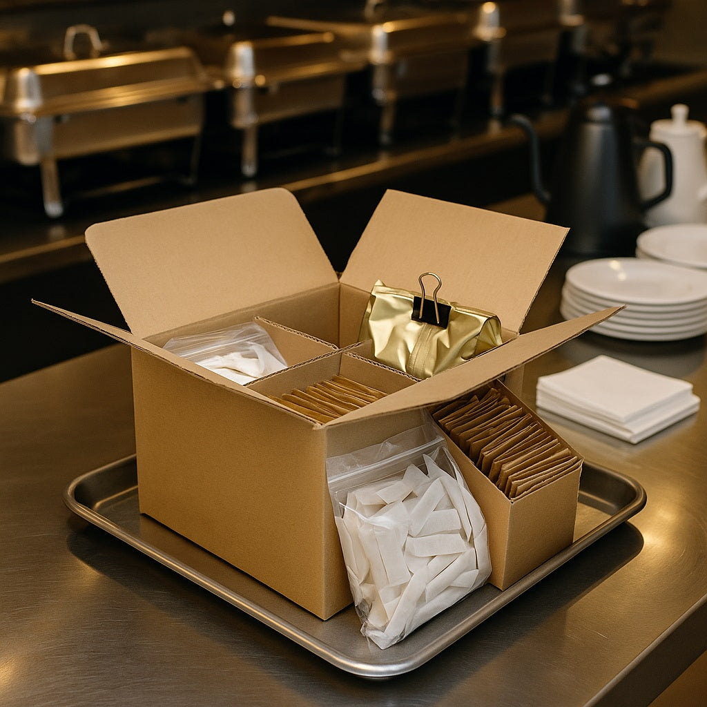 Tea • Coffee • Sugar Sachets Set — 160-Piece Hospitality Divider Box (Coffee, Black Tea, White & Brown Sugar)
