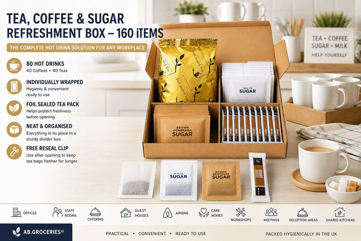Tea • Coffee • Sugar Sachets Set — 160-Piece Hospitality Divider Box (Coffee, Black Tea, White & Brown Sugar)