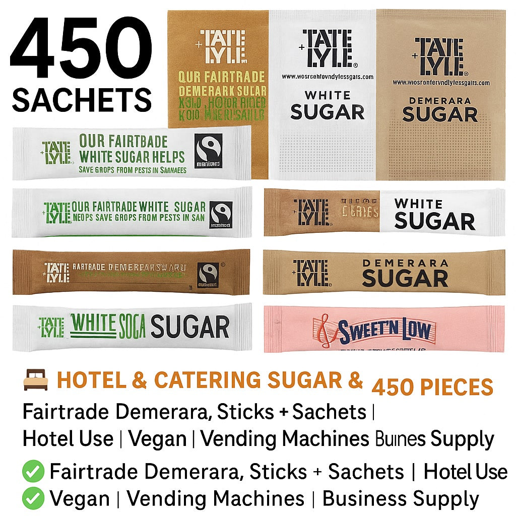 Hotel & Catering Sugar Set – 450 Sachets & Sticks | Tate & Lyle Fairtrade White, Brown Demerara + Sweetener | Individually Wrapped for Tea, Coffee, Office & Events