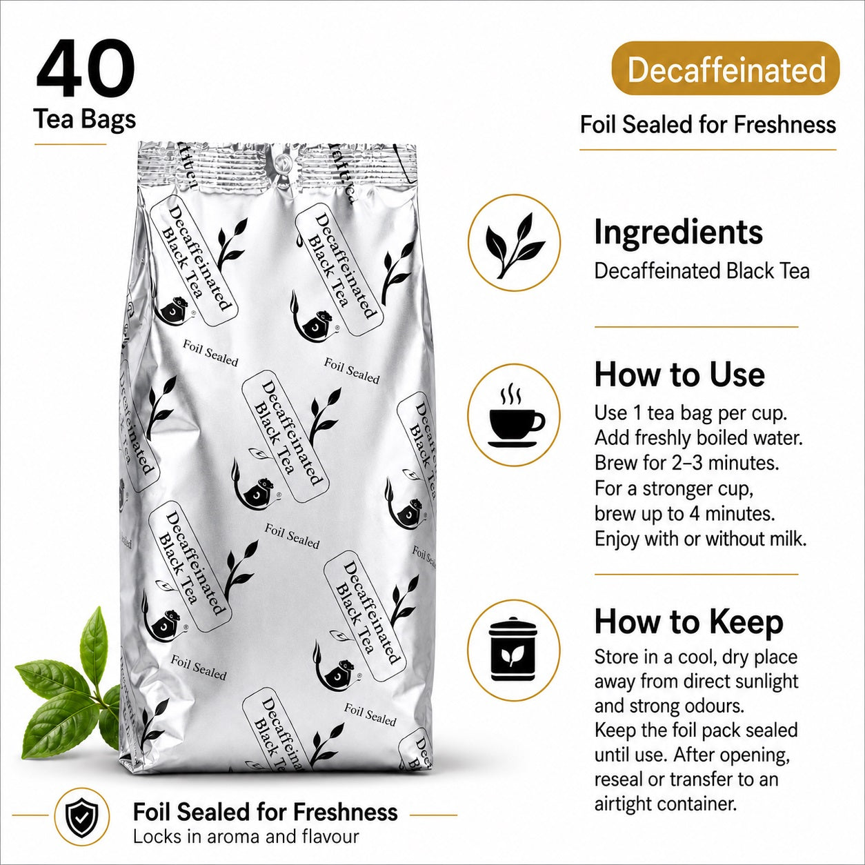 40 Foil Sealed Black Tea Bags – Regular or Decaffeinated Refill Pack