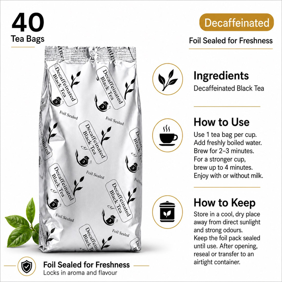 40 Foil Sealed Black Tea Bags – Regular or Decaffeinated Refill Pack