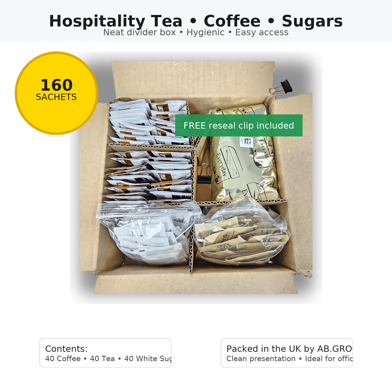 Tea • Coffee • Sugar Sachets Set — 160-Piece Hospitality Divider Box (Coffee, Black Tea, White & Brown Sugar)