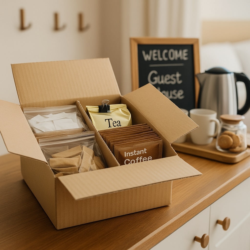 Tea • Coffee • Sugar Sachets Set — 160-Piece Hospitality Divider Box (Coffee, Black Tea, White & Brown Sugar)