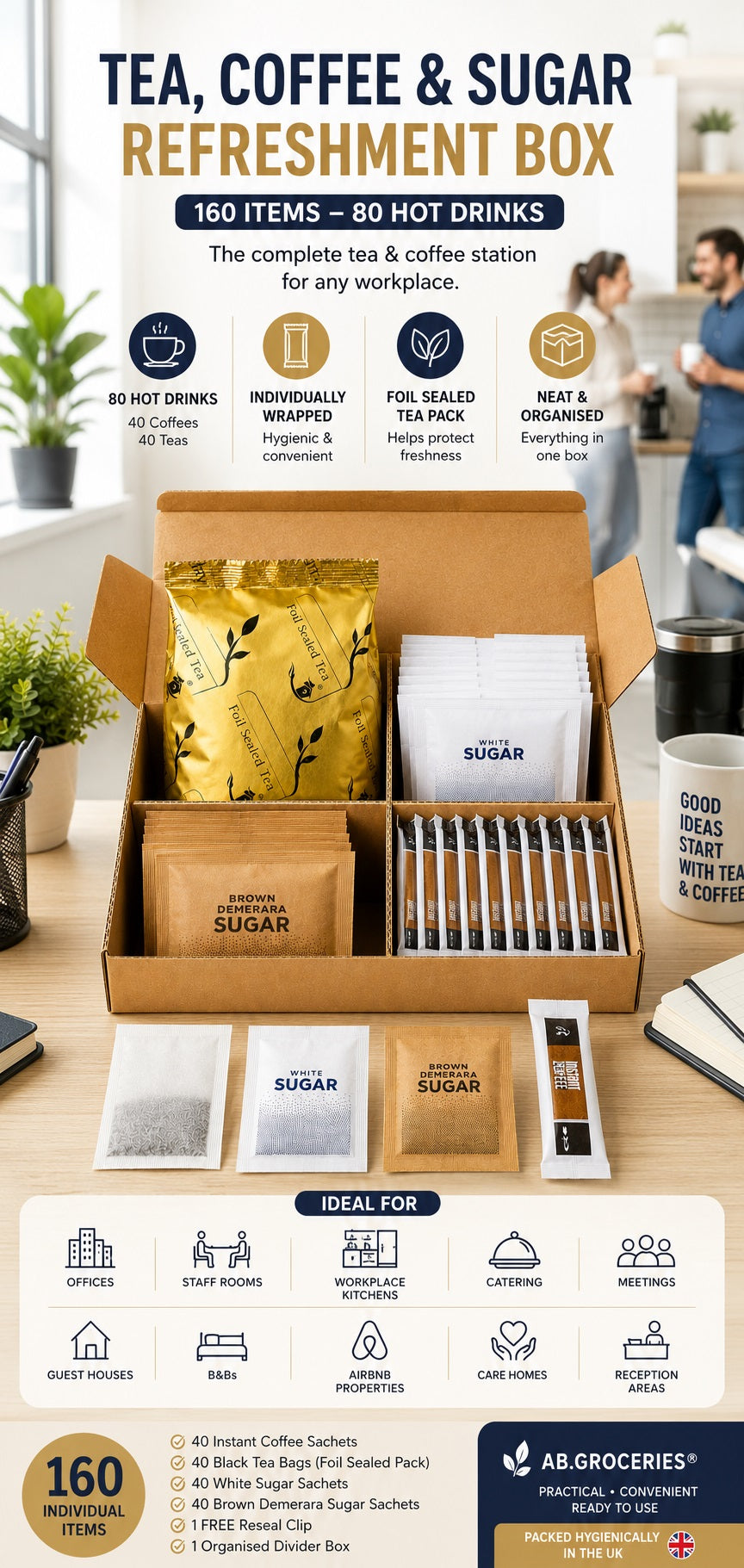 Tea • Coffee • Sugar Sachets Set — 160-Piece Hospitality Divider Box (Coffee, Black Tea, White & Brown Sugar)
