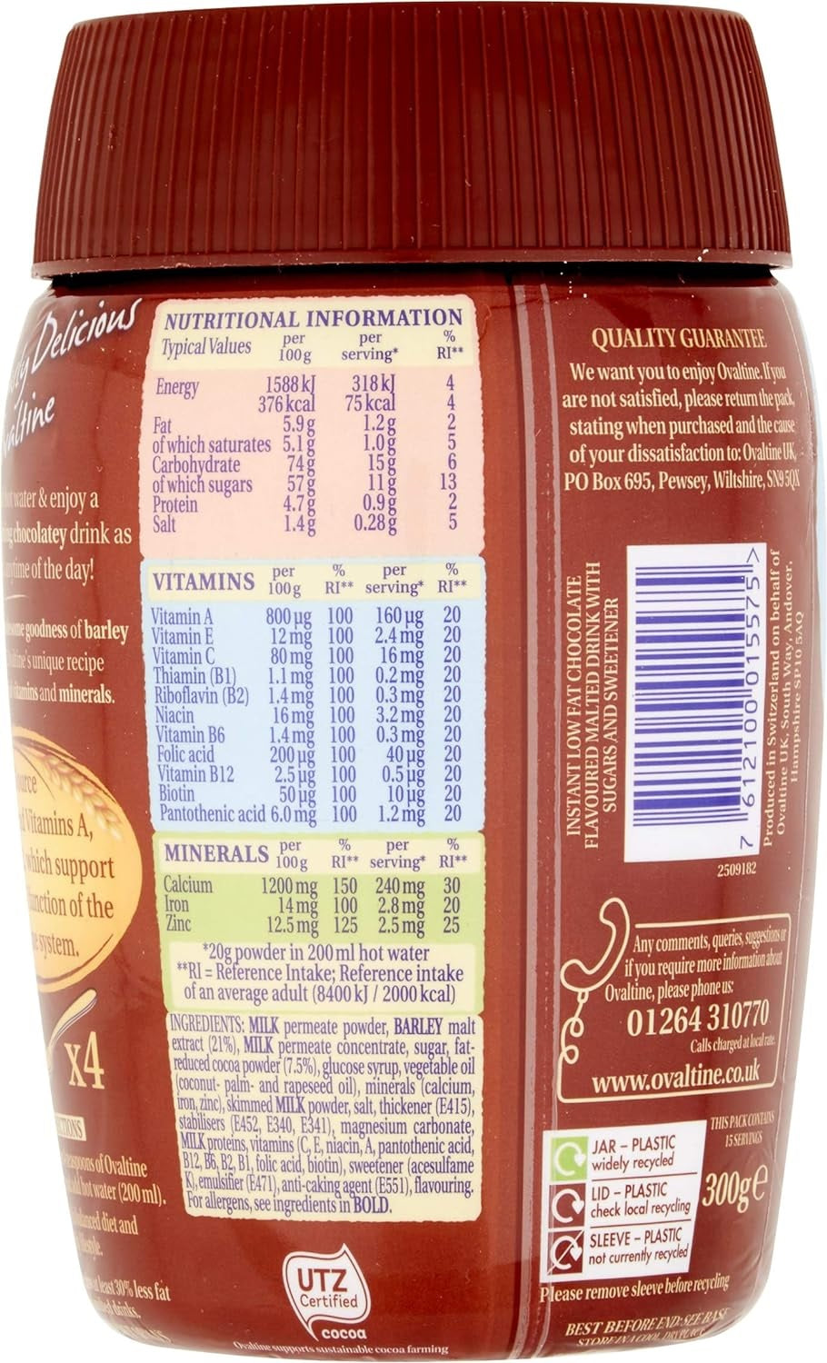 Ovaltine Chocolate Light Add Water Malted Drink – Low Fat Barley Cocoa Instant Drink (300g / 6 × 300g)