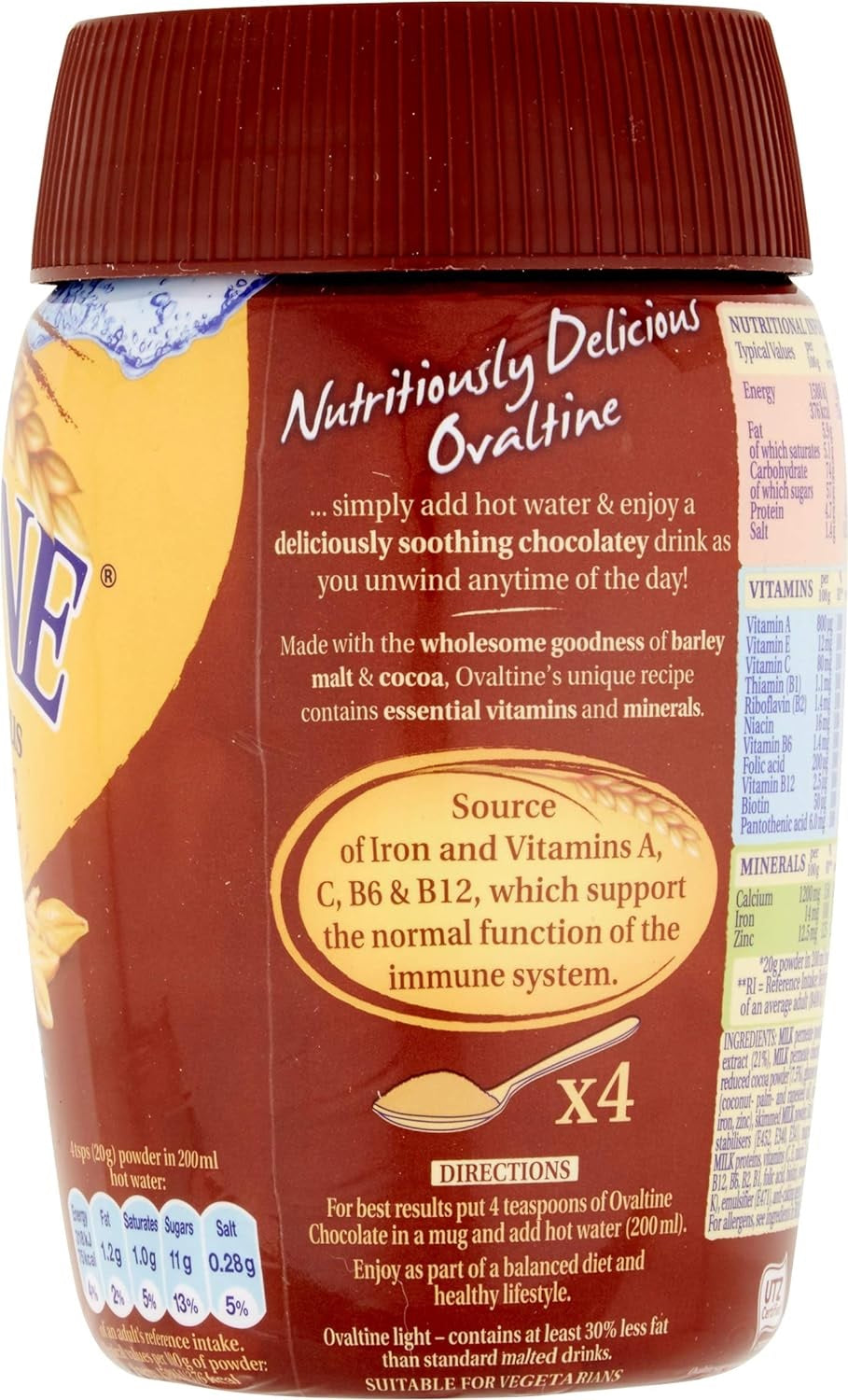 Ovaltine Chocolate Light Add Water Malted Drink – Low Fat Barley Cocoa Instant Drink (300g / 6 × 300g)