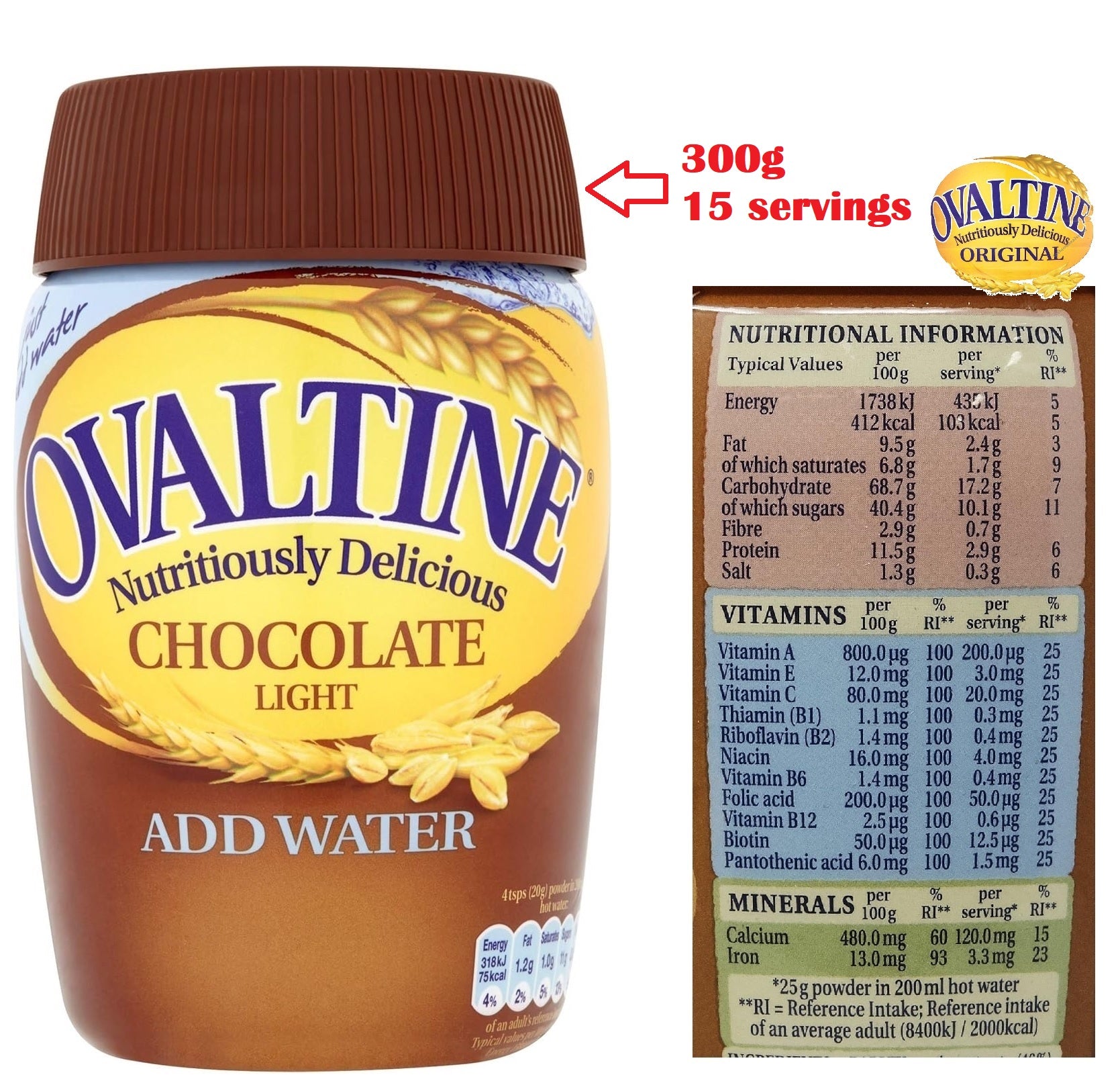 Ovaltine Chocolate Light Add Water Malted Drink – Low Fat Barley Cocoa Instant Drink (300g / 6 × 300g)