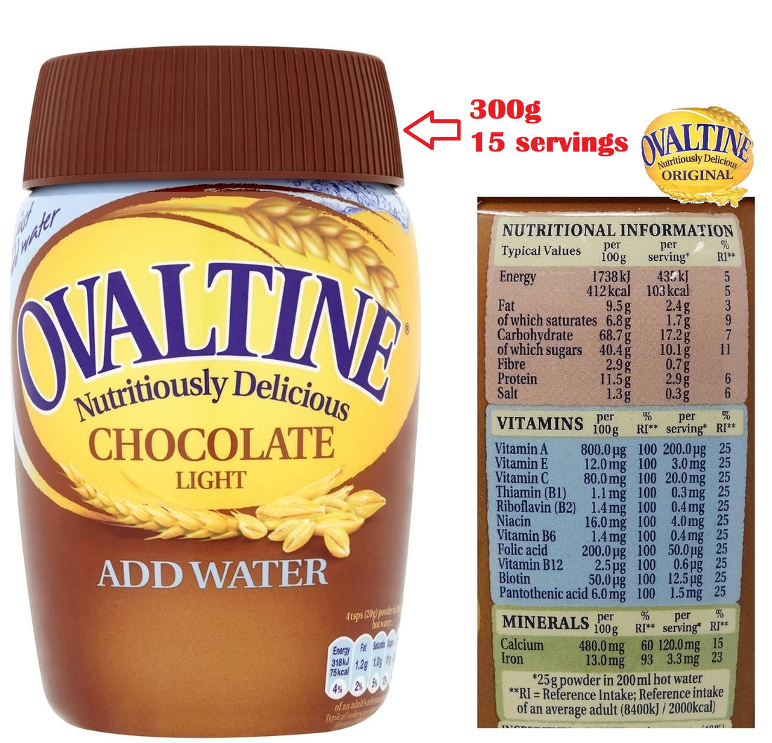 Ovaltine Chocolate Light Add Water Malted Drink – Low Fat Barley Cocoa Instant Drink (300g / 6 × 300g)