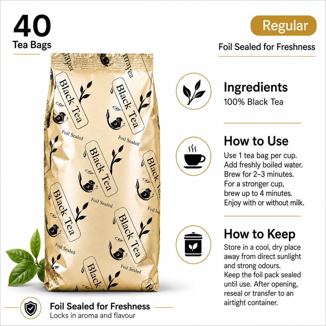 40 Foil Sealed Black Tea Bags – Regular or Decaffeinated Refill Pack