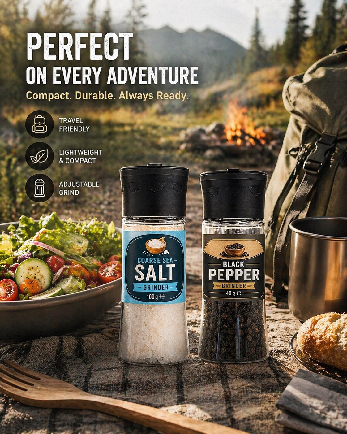 Salt & Pepper Grinder Set Twin Pack – Sea Salt 100g & Black Pepper 40g