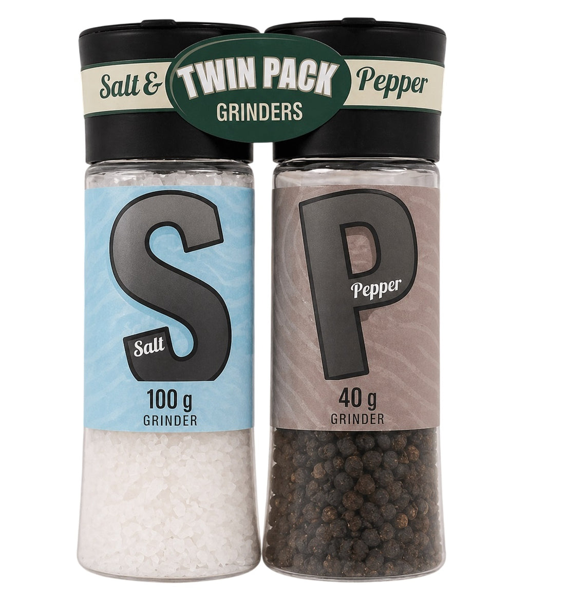 Salt & Pepper Grinder Set Twin Pack – Sea Salt 100g & Black Pepper 40g