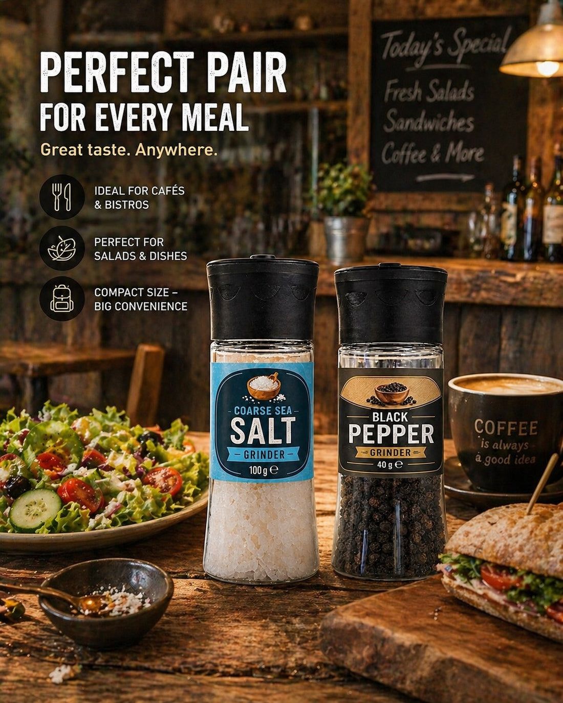 Salt & Pepper Grinder Set Twin Pack – Sea Salt 100g & Black Pepper 40g