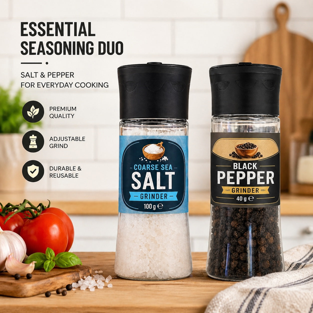 Salt & Pepper Grinder Set Twin Pack – Sea Salt 100g & Black Pepper 40g