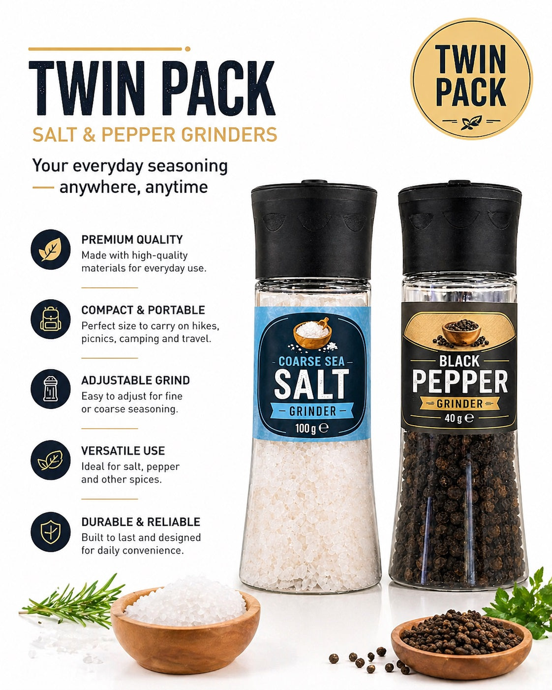 Salt & Pepper Grinder Set Twin Pack – Sea Salt 100g & Black Pepper 40g