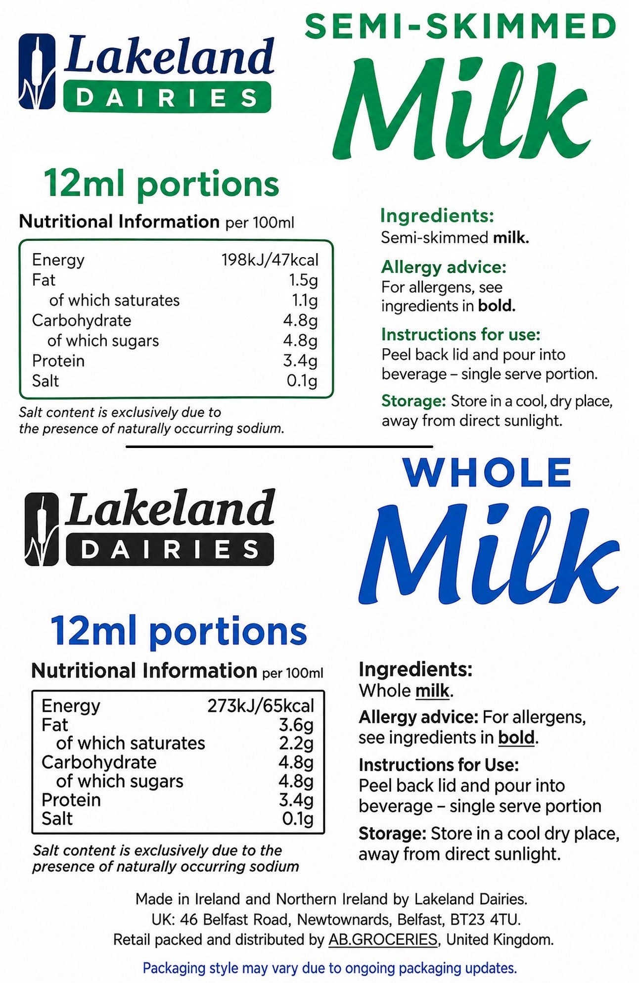 120x UHT Milk Portion Pots 12ml | Semi Skimmed or Whole | Lakeland