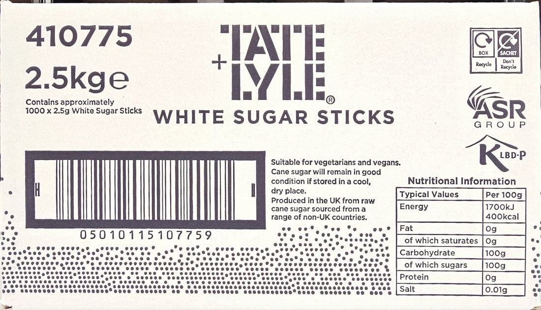 Tate & Lyle White Sugar Sticks – 1000 Sachets (2.5g Each) – 2.5kg Box