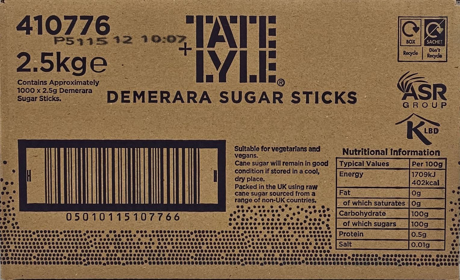 Tate & Lyle Brown Demerara Sugar Sticks – 1000 Sachets (2.5g Each) – 2.5kg Box