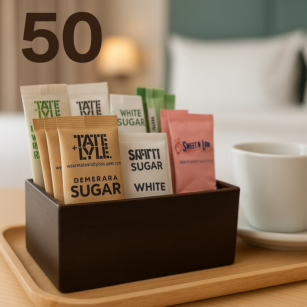 Hotel & Catering Sugar Set – 450 Sachets & Sticks | Tate & Lyle Fairtrade White, Brown Demerara + Sweetener | Individually Wrapped for Tea, Coffee, Office & Events