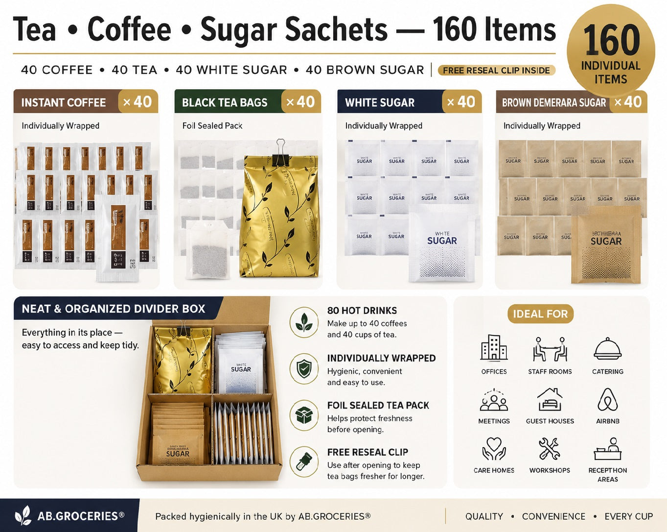 Tea • Coffee • Sugar Sachets Set — 160-Piece Hospitality Divider Box (Coffee, Black Tea, White & Brown Sugar)