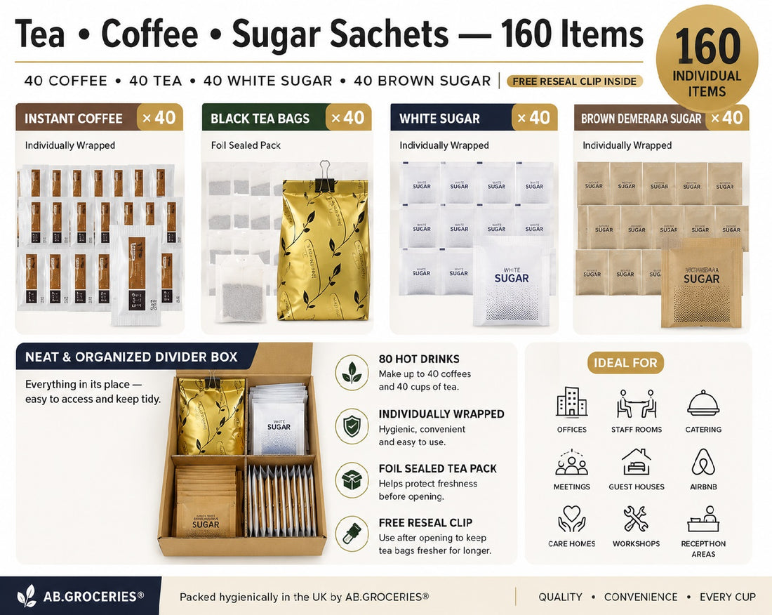 Tea • Coffee • Sugar Sachets Set — 160-Piece Hospitality Divider Box (Coffee, Black Tea, White & Brown Sugar)