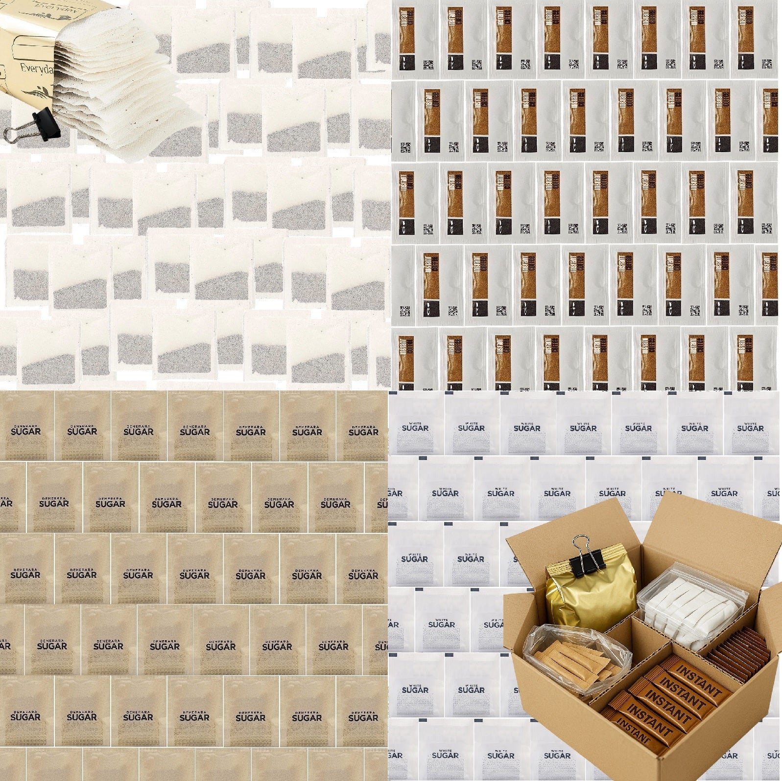 Tea • Coffee • Sugar Sachets Set — 160-Piece Hospitality Divider Box (Coffee, Black Tea, White & Brown Sugar)