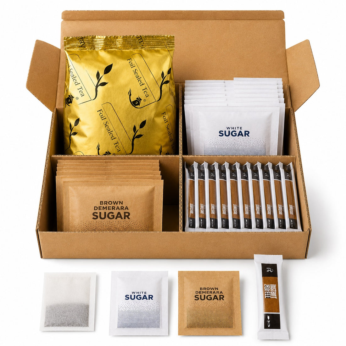 Tea • Coffee • Sugar Sachets Set — 160-Piece Hospitality Divider Box (Coffee, Black Tea, White & Brown Sugar)