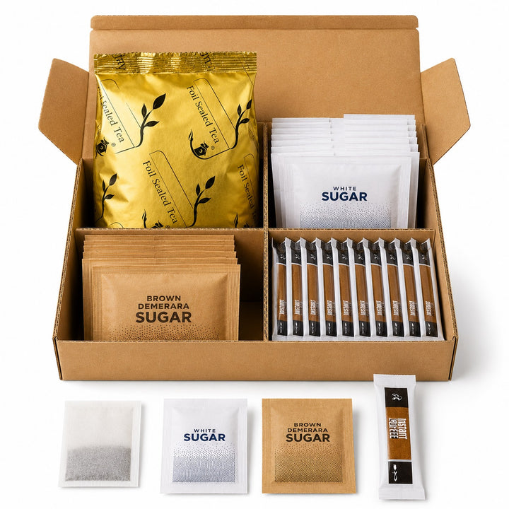 Tea • Coffee • Sugar Sachets Set — 160-Piece Hospitality Divider Box (Coffee, Black Tea, White & Brown Sugar)