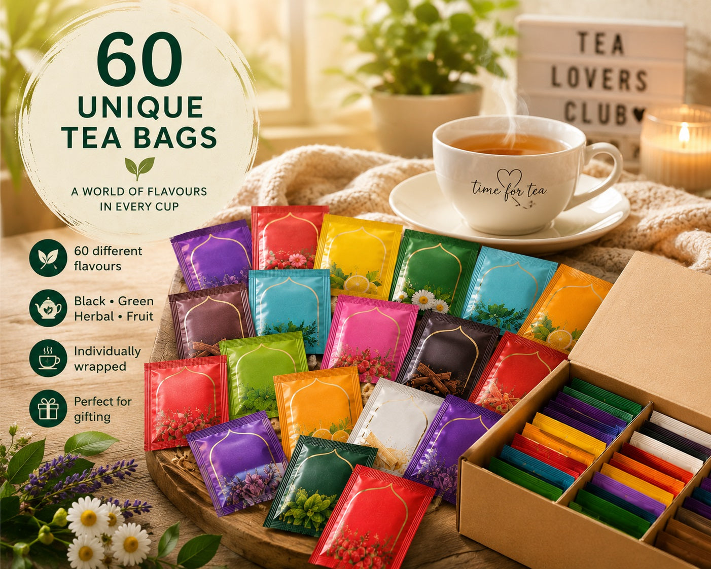Unique Individually Wrapped Tea Bags Gift Box – 30 or 60 Different Tea Bags