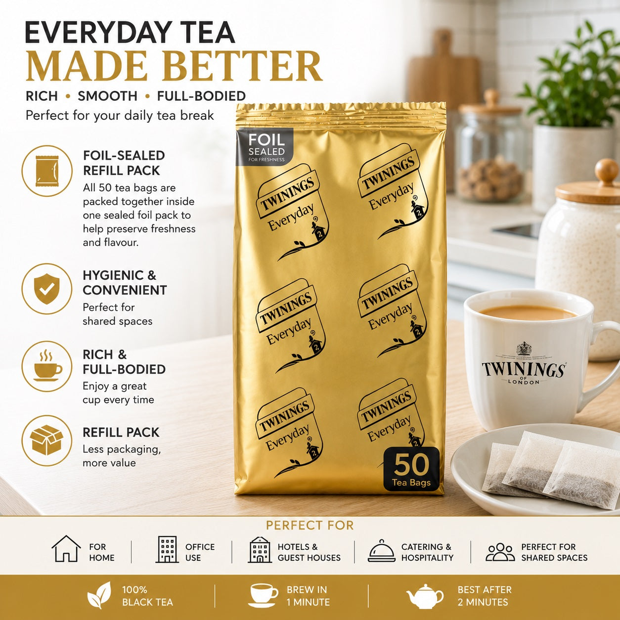 50 Twinings Everyday Black Tea Bags Foil Sealed Outer Pack Office Hotel Catering
